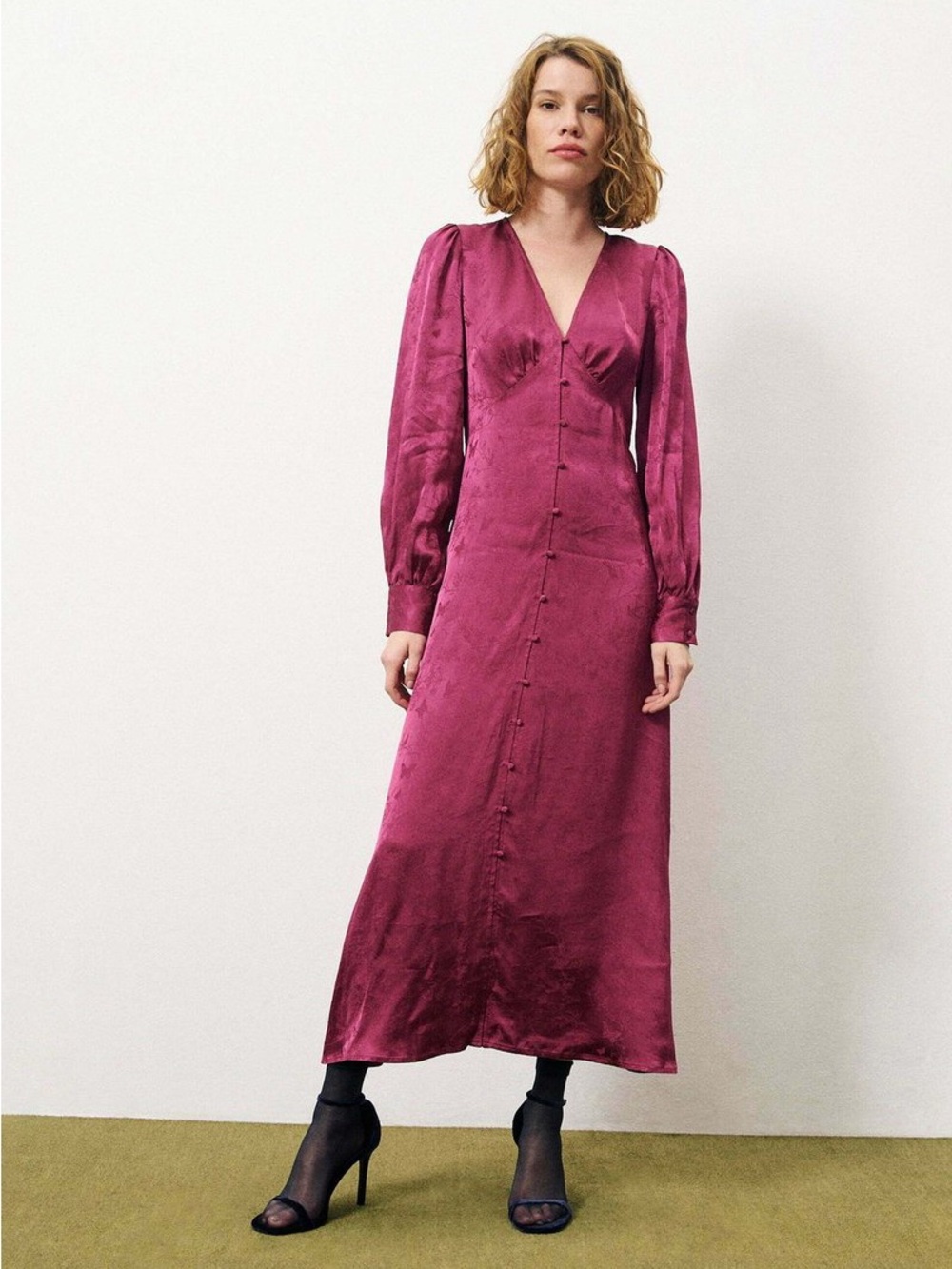 FRNCH Paris NWT Jacquard Satin Button Front Wendy Violine Magenta Midi Dress XS